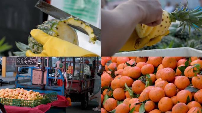 路边水果商贩，削菠萝，芒果，榴莲，柑橘