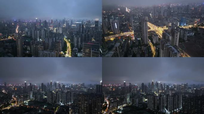 武汉城市天际线夜景穿云航拍