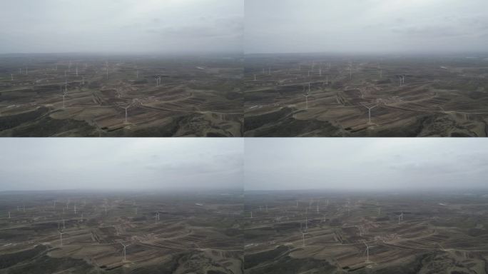 航拍张北草原天路风力发电群组风车全貌