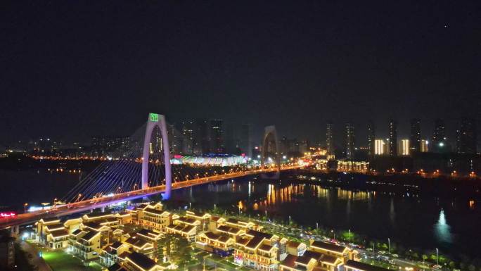 南宁青山大桥江畔小镇夜景航拍视频素材
