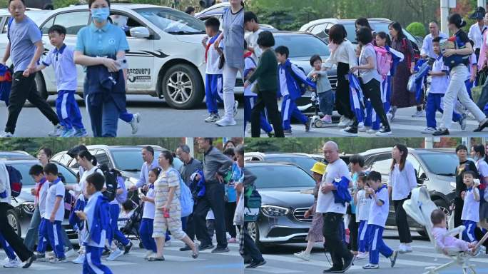 小学生过马路，放学高峰车辆