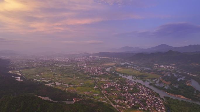 浙江丽水古堰画乡堰头通济堰航拍晚霞4K