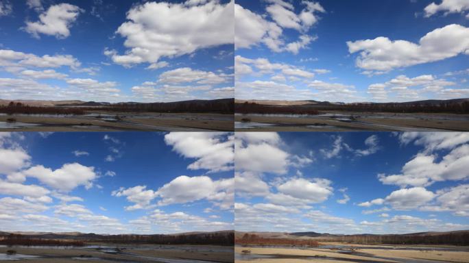 固定机位拍摄4K延时 河流红柳树蓝天白云
