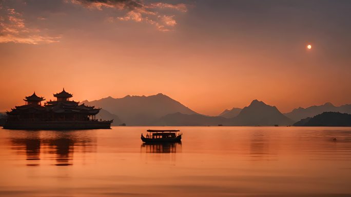 湖水上的亭子船只倒影自然风景