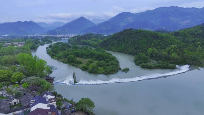 浙江丽水古堰画乡堰头通济堰航拍晚霞4K