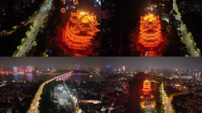 武汉黄鹤楼夜晚夜景航拍湖北武昌区地标建筑