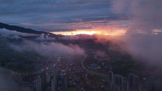 航拍安康市汉阴县市区全貌落日晚霞夜景