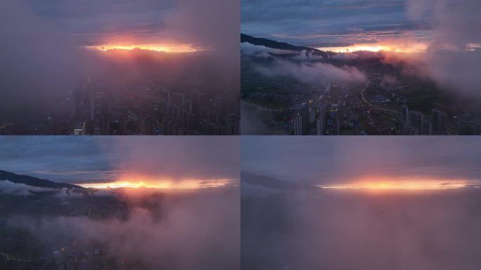 航拍安康市汉阴县市区全貌落日晚霞夜景