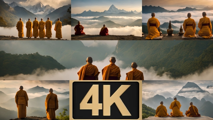 僧侣面对群山修行意境佛教文化4K