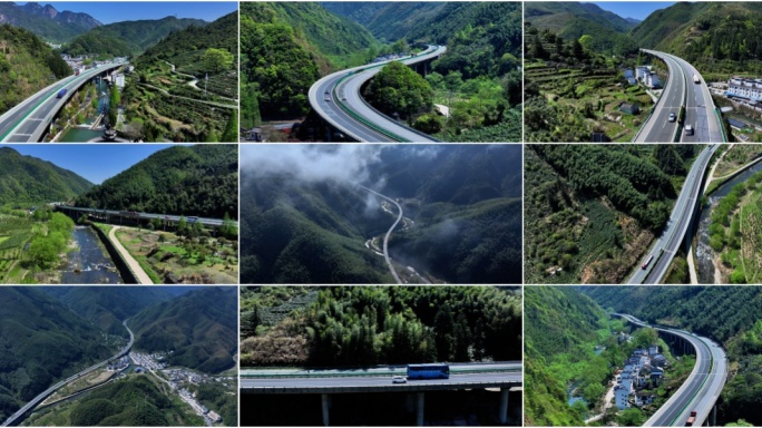 航拍高山乡村高速公路 物流货运车辆行驶