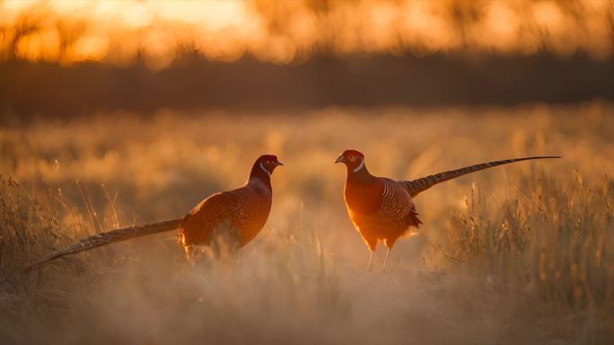 夕阳下草原上的野山鸡