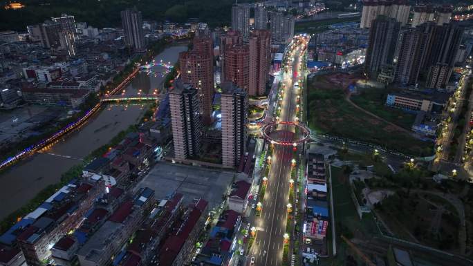 航拍西部城市市区夜景全貌