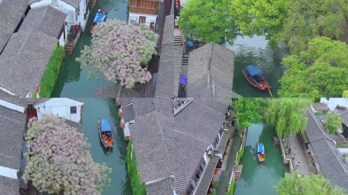 春天雨后江南水乡古镇周庄古镇风景航拍