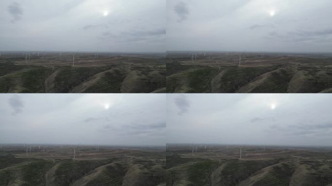 航拍张北草原天路风力发电风车群全貌
