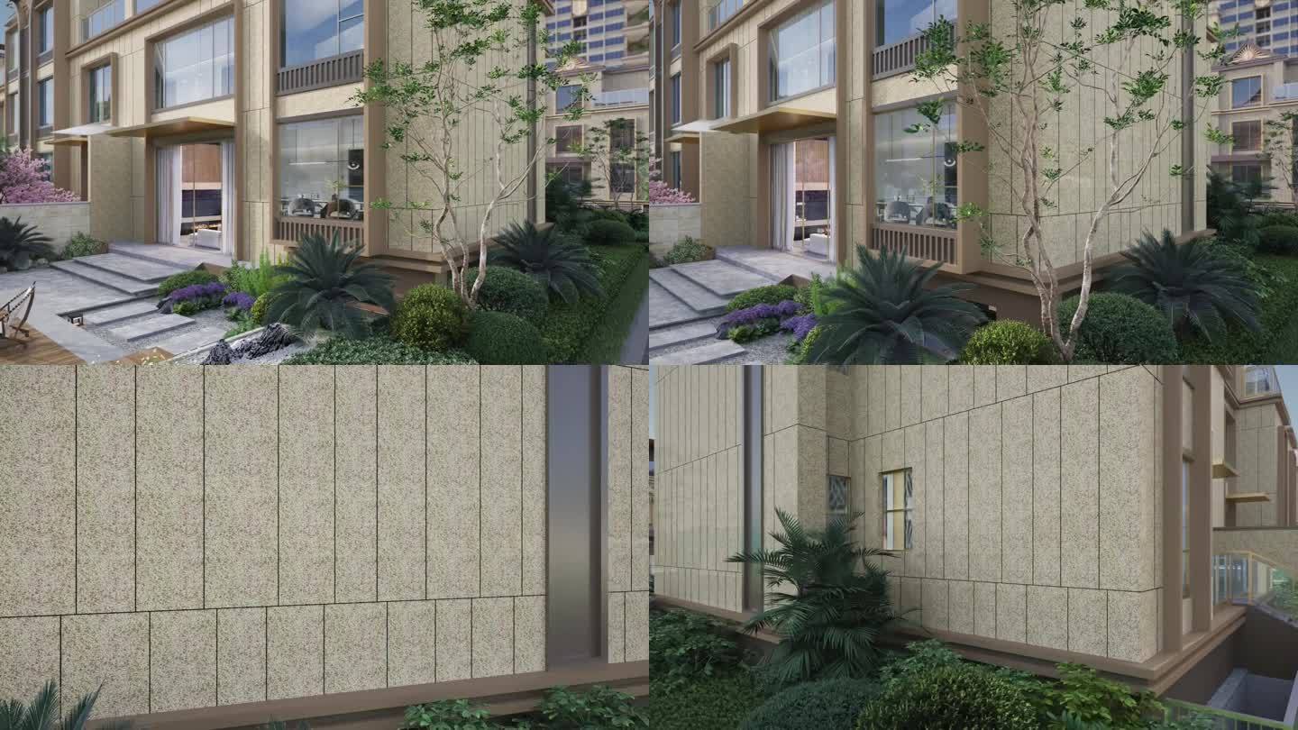 新中式独栋别墅入口景观动画