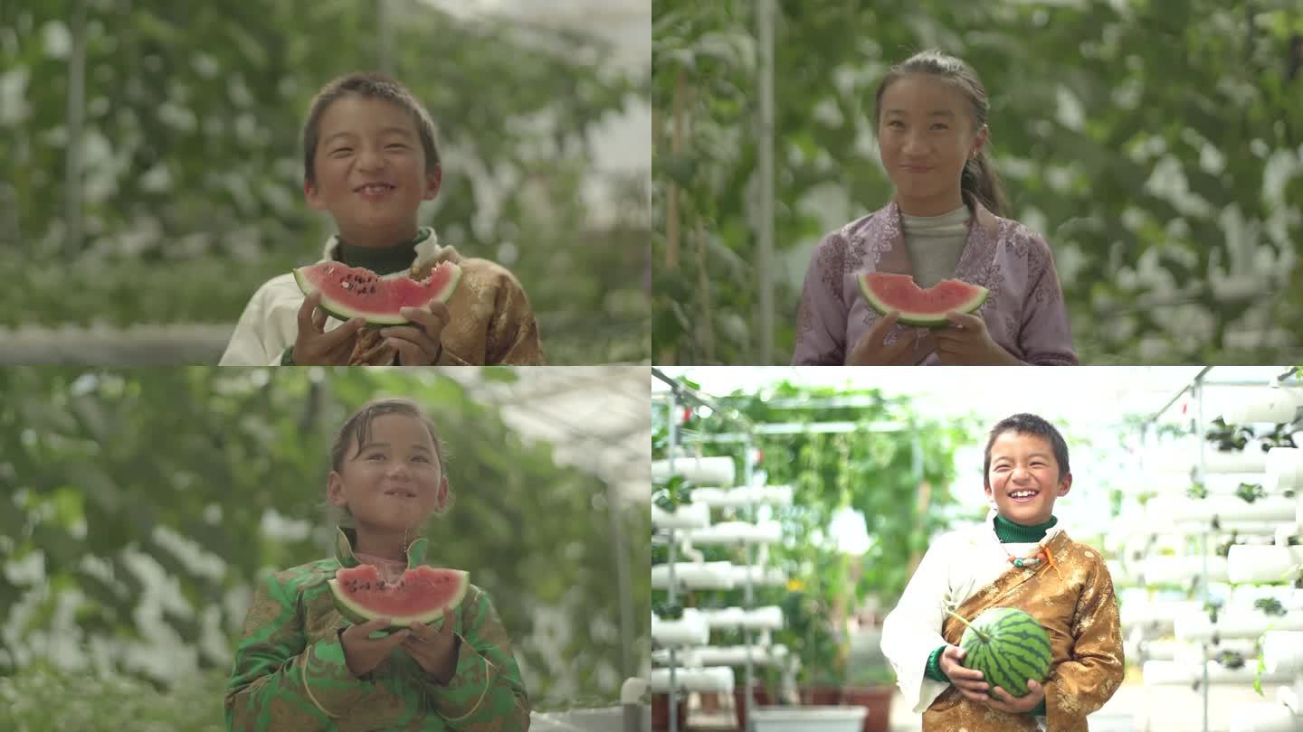 淳朴的西藏小孩吃西瓜高原果农丰收农业扶贫