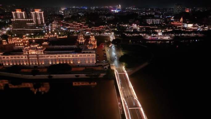 福州台江区中洲岛夜晚夜景航拍解放大桥福建