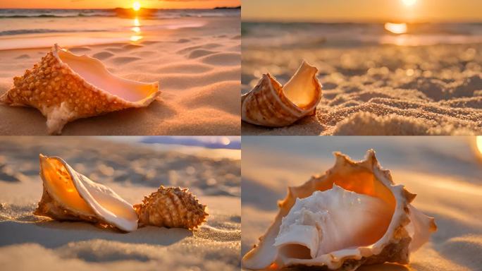 唯美金色沙滩上的海螺贝壳