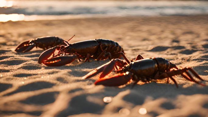 夕阳下的大海沙滩上的龙虾