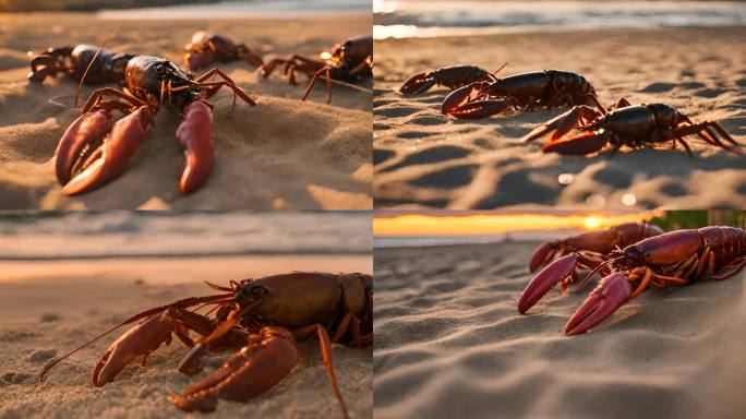 夕阳下的大海沙滩上的龙虾