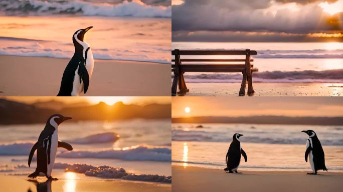 夕阳下金色海滩上的企鹅