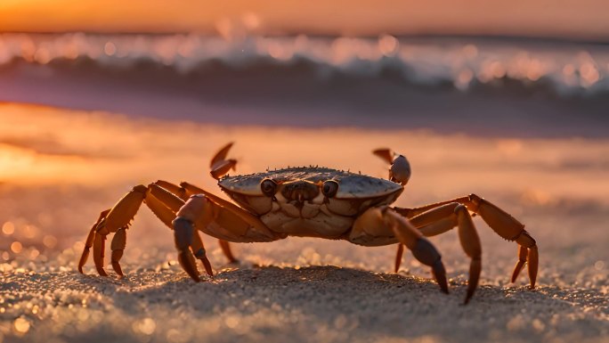 夕阳下海滩上的大螃蟹