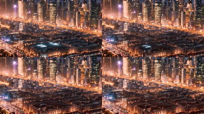 密集拥挤城市建筑航拍俯视夜晚