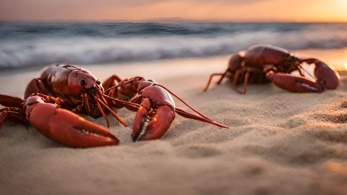 夕阳下金色海滩上的龙虾