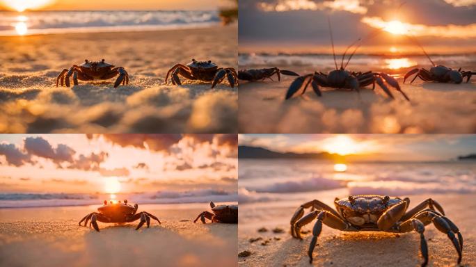 夕阳下金色海滩上的巨型龙虾