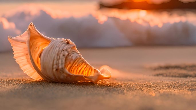 夕阳下的大海沙滩贝壳