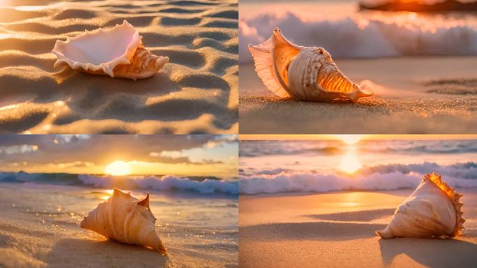 夕阳下的大海沙滩贝壳