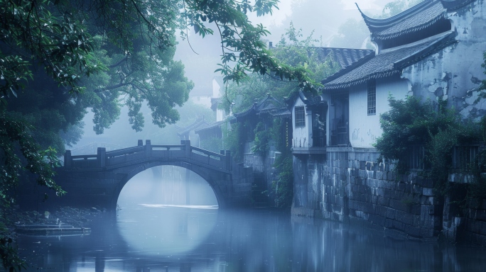 国风下雨意境雨景，江南烟雨水乡古镇