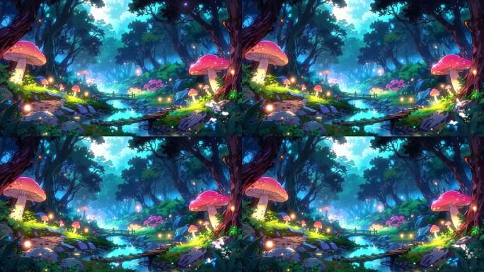4K唯美梦幻森林卡通动漫童话故事蘑菇背景