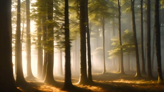 森林迷雾丁达尔清晨日出仙境