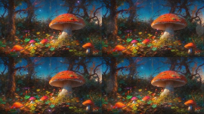 4K卡通油画手绘梵高艺术抽象蘑菇文艺背景