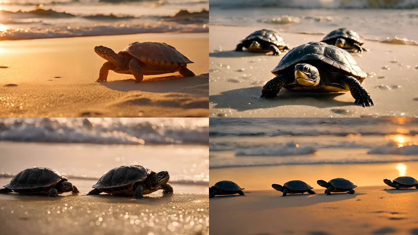 夕阳下金色海滩上的海龟