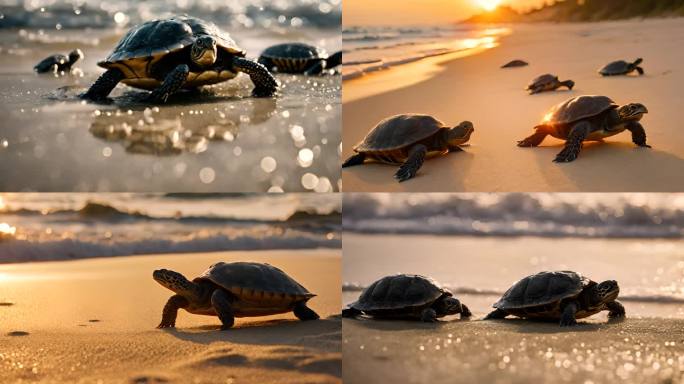 夕阳下金色海滩上的海龟