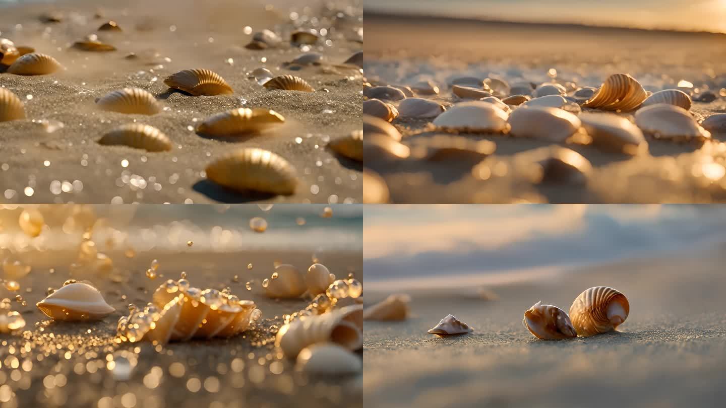 夕阳下的海水贝壳