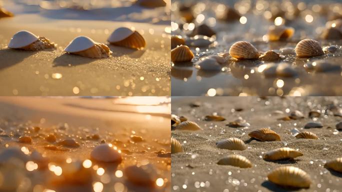 夕阳下金色海滩上的贝壳海螺