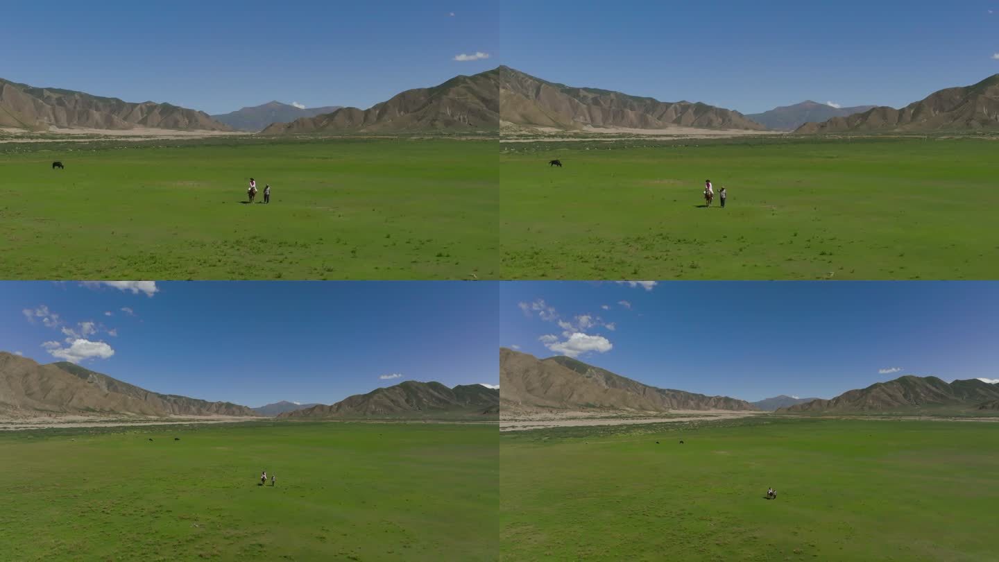 航拍西藏拉孜姑娘与牧人聊天
