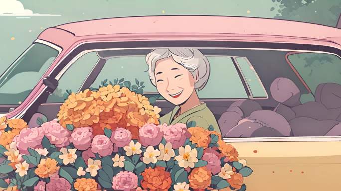卡通汽车里的妈妈鲜花