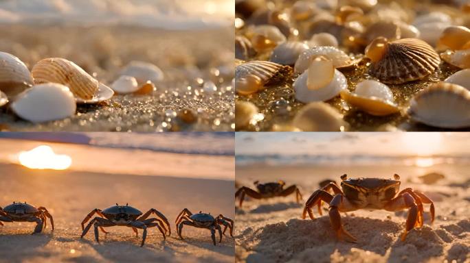 夕阳下海滩上的贝壳