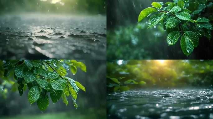 下雨天树叶子雨露露水雨滴唯美ai素材春天