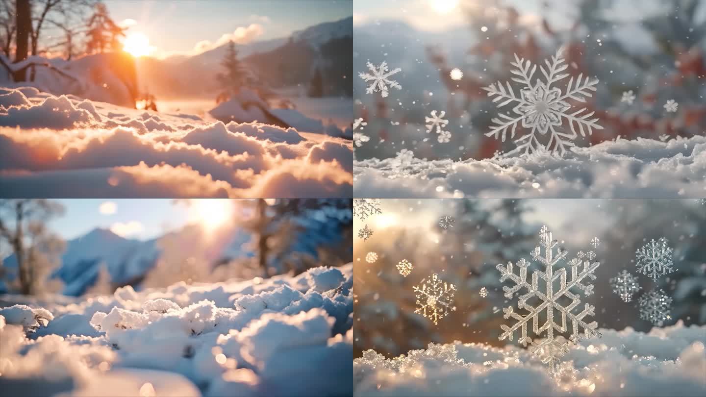 冬天雪花雪景下雪天冰晶雪花特写空镜头唯美