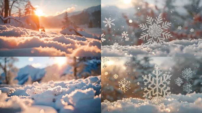 冬天雪花雪景下雪天冰晶雪花特写空镜头唯美