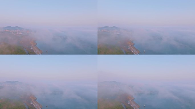 大连星海湾平流雾航拍