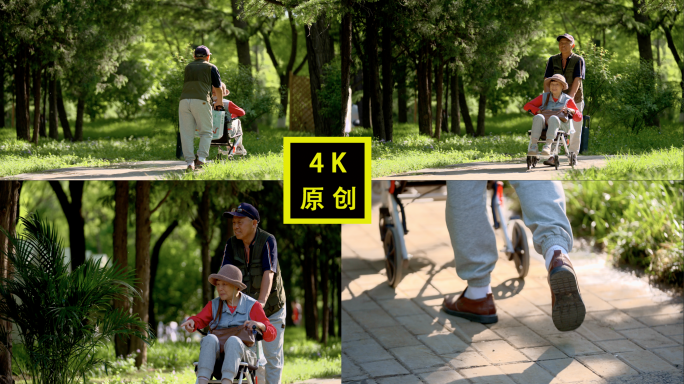 老人在公园推轮椅 幸福养老 老年生活