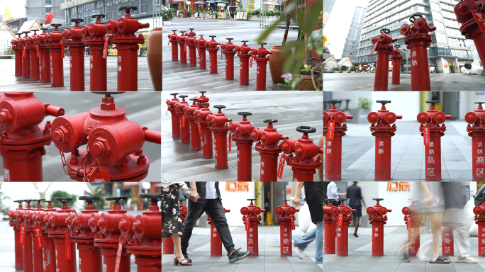 闹市区地面上的一排高区消防栓