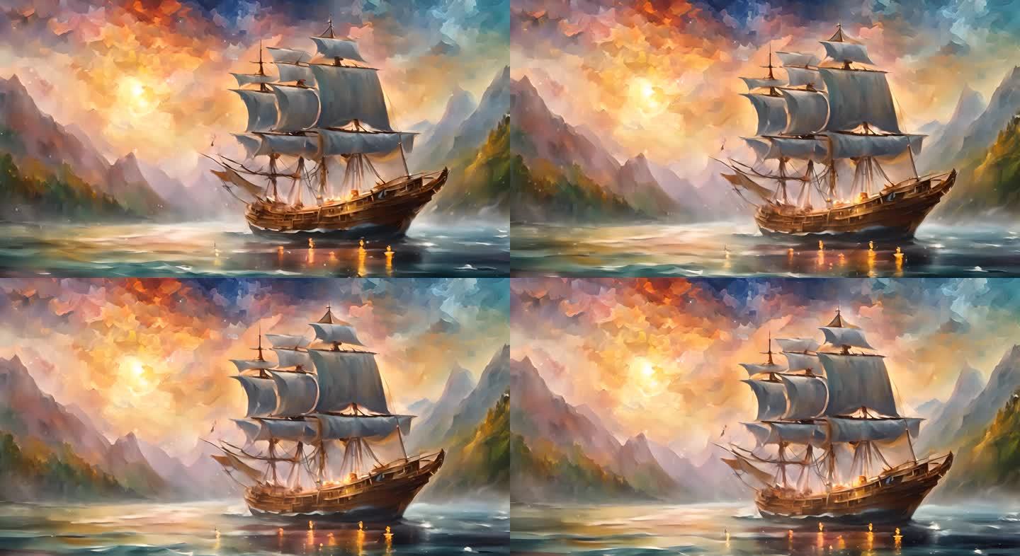 油画风格古代战船帆船