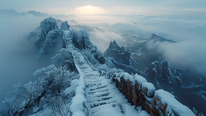 雪景 特写 雪山 云雾